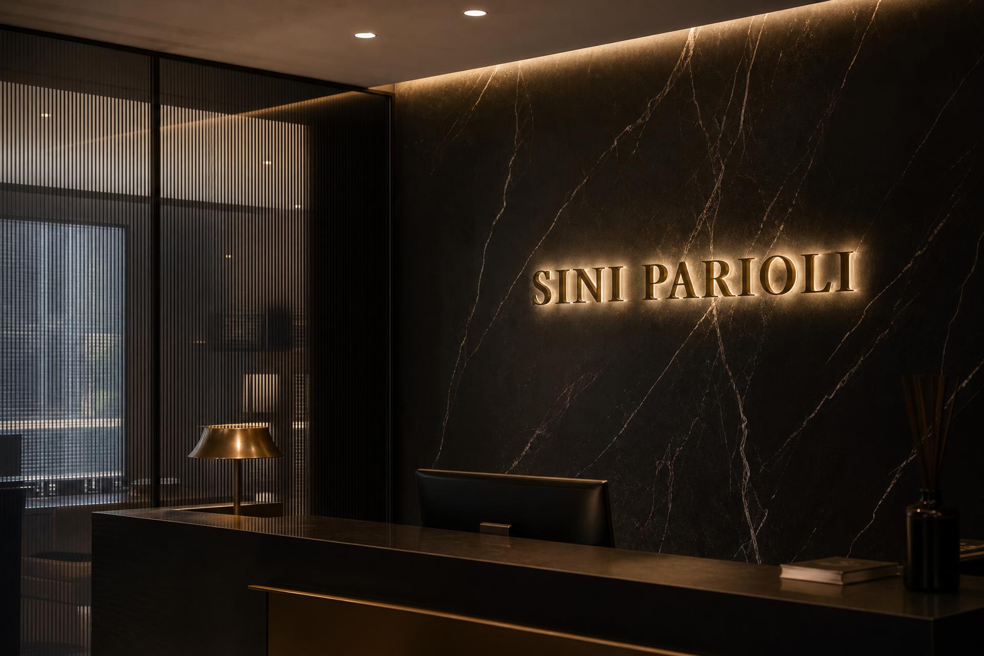 Reception dello studio legale Sini Parioli a Roma Parioli, insegna in metallo champagne sulla parete in marmo scuro