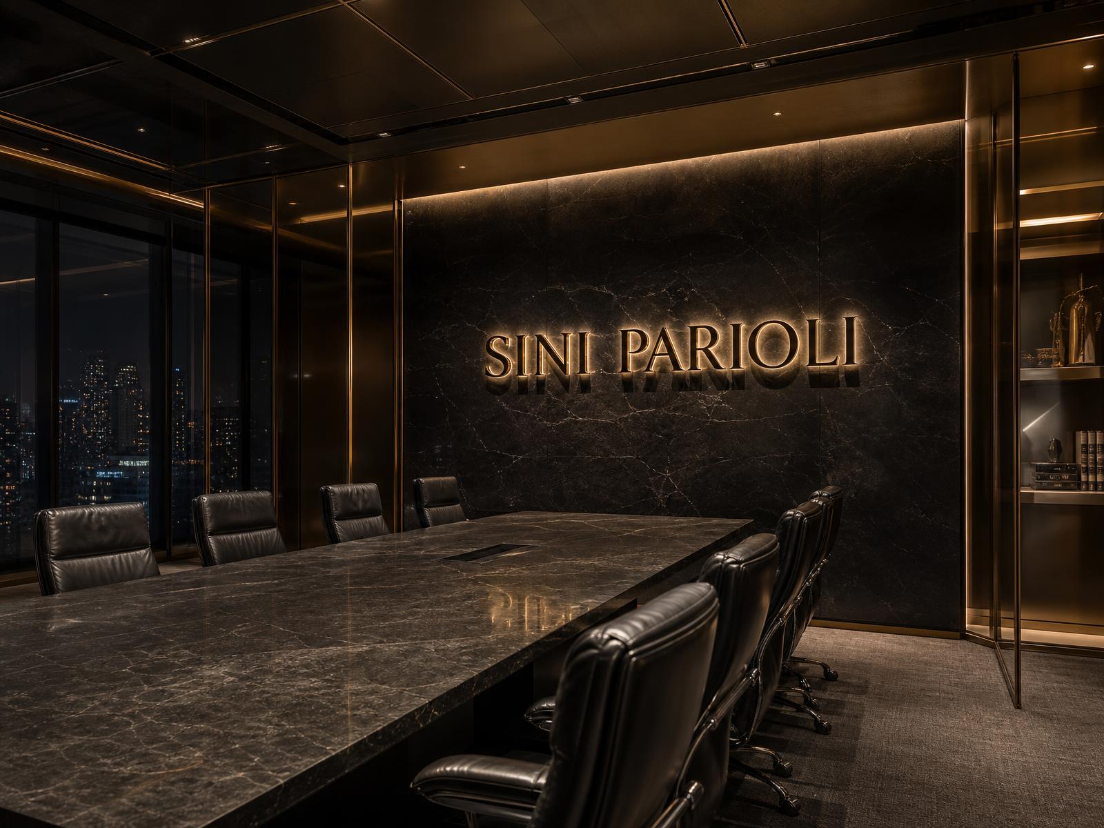 Sala riunioni executive dello studio Sini Parioli con insegna in metallo champagne sulla parete in marmo